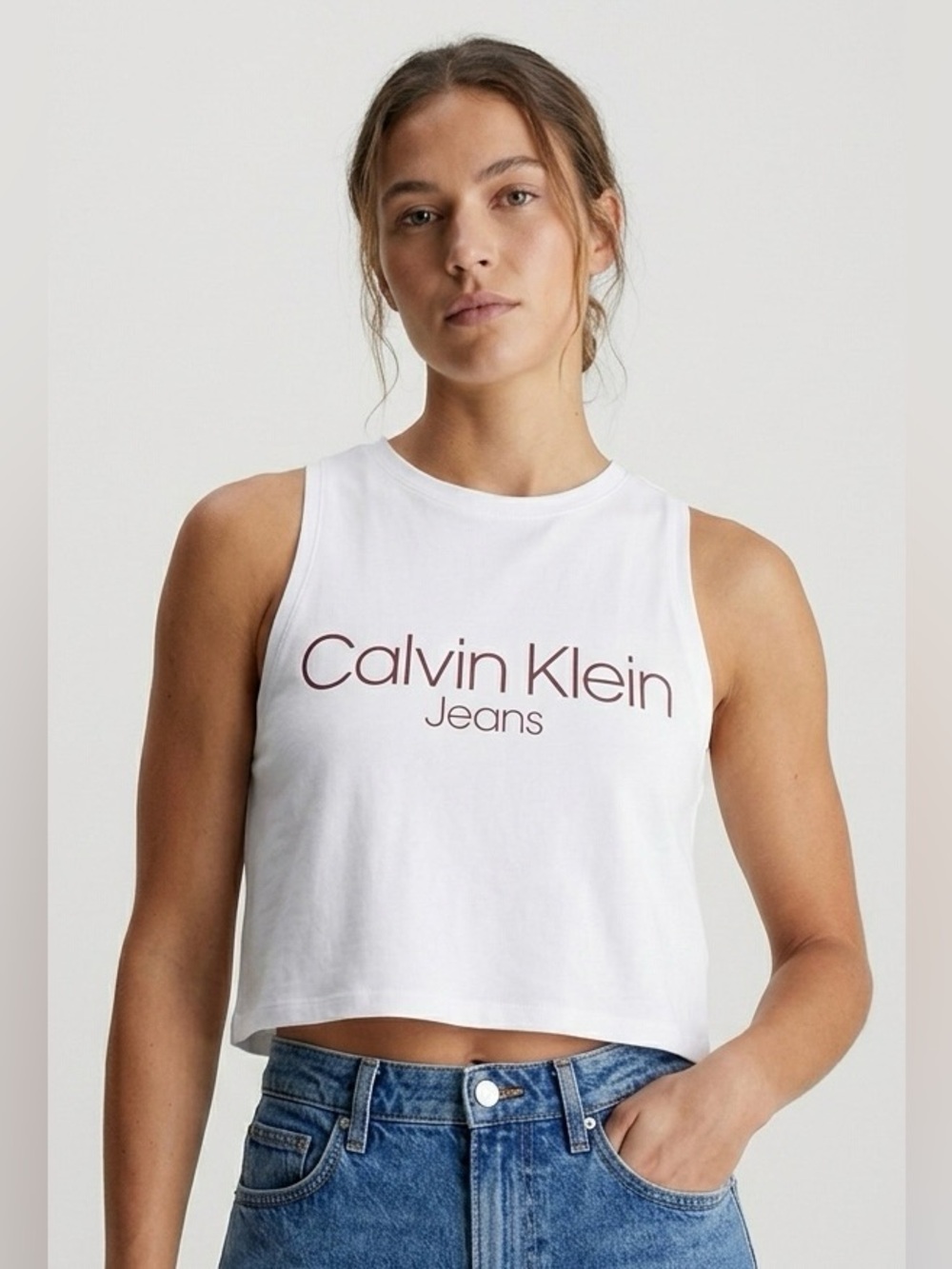 Calvin Klein Jeans White Cropped Logo Tank Top Size Small